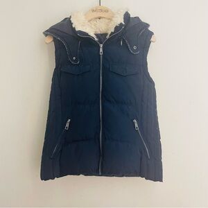 Thanth Hooded Puffer Vest Navy Knit Back Faux Fur Sz S